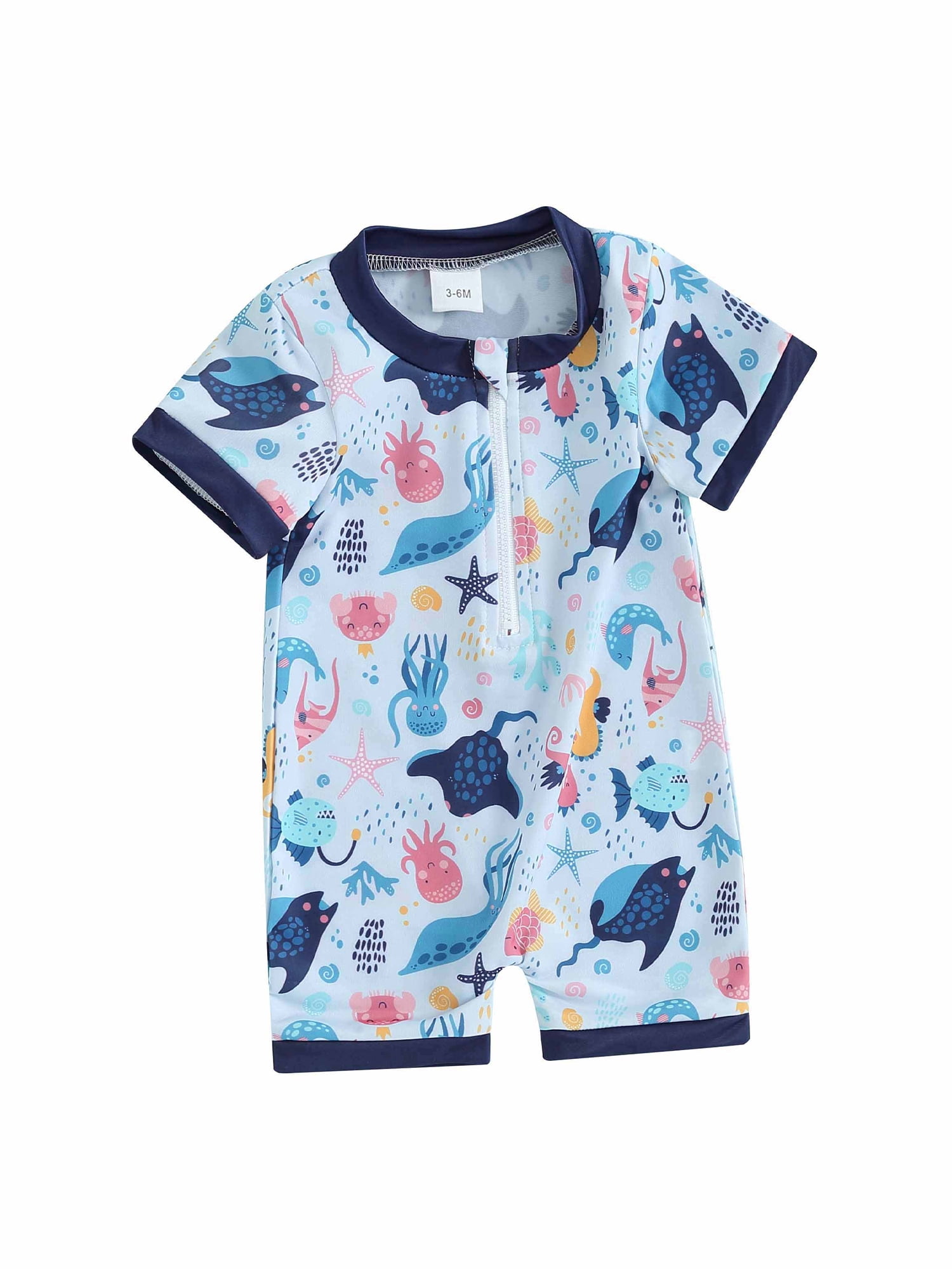 Baby Boys Zipup Swimsuit Marine Animal Print Sunscreen Rash Protection