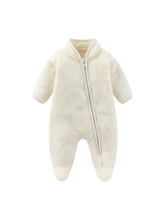 Baby Boys and Girls Fleece Footed Jumpsuit, Long Sleeve Zip Front One-Piece Romper for Fall and Winter, White, 3 Months
