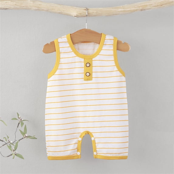 Baby Boys and Girls Sleeveless Romper, Striped Bodysuit with Contrast Trim and Button Placket, One-Piece Infant Outfit | Akmoler,Yellow 3-6 Months
