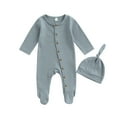 thumbnail image 1 of Baby Boys's Girl's Romper Set, 3M 6M Round Neck Long Sleeve Button-Down Ribbed Feet Wrap Jumpsuit + Hat, 1 of 9