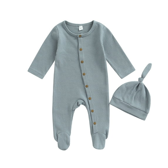 Baby Boys's Girl's Romper Set, 3M 6M Round Neck Long Sleeve Button-Down Ribbed Feet Wrap Jumpsuit + Hat