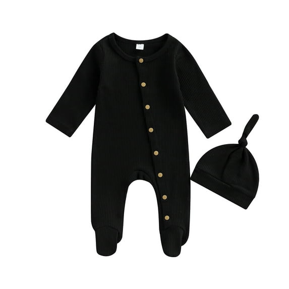 Baby Boys's Girl's Romper Set, 3M 6M Round Neck Long Sleeve Button-Down Ribbed Feet Wrap Jumpsuit + Hat