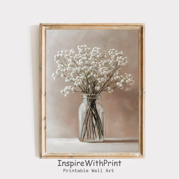 Baby Breath Flower Wall Art Printable Soft Neutral Beige White Flower Print, Vintage Floral Wall Art, Baby Breath Print, Spring Wall Decor, Size 24x36 UNFFRAMED F03.1.5l1376