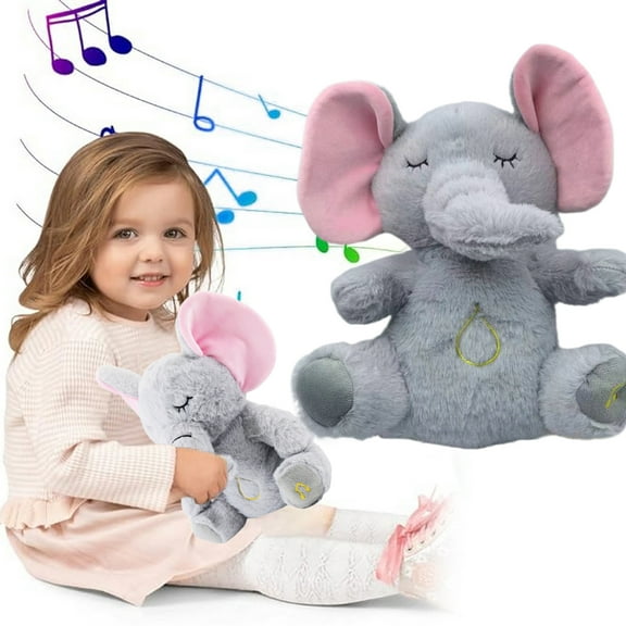 Baby Breathing Elephant Plush Toy with Soothing Music Light Washable Musical Animal Plushie Stuffed Comfort Doll Soother Newborn Infant Boys Girls Gift