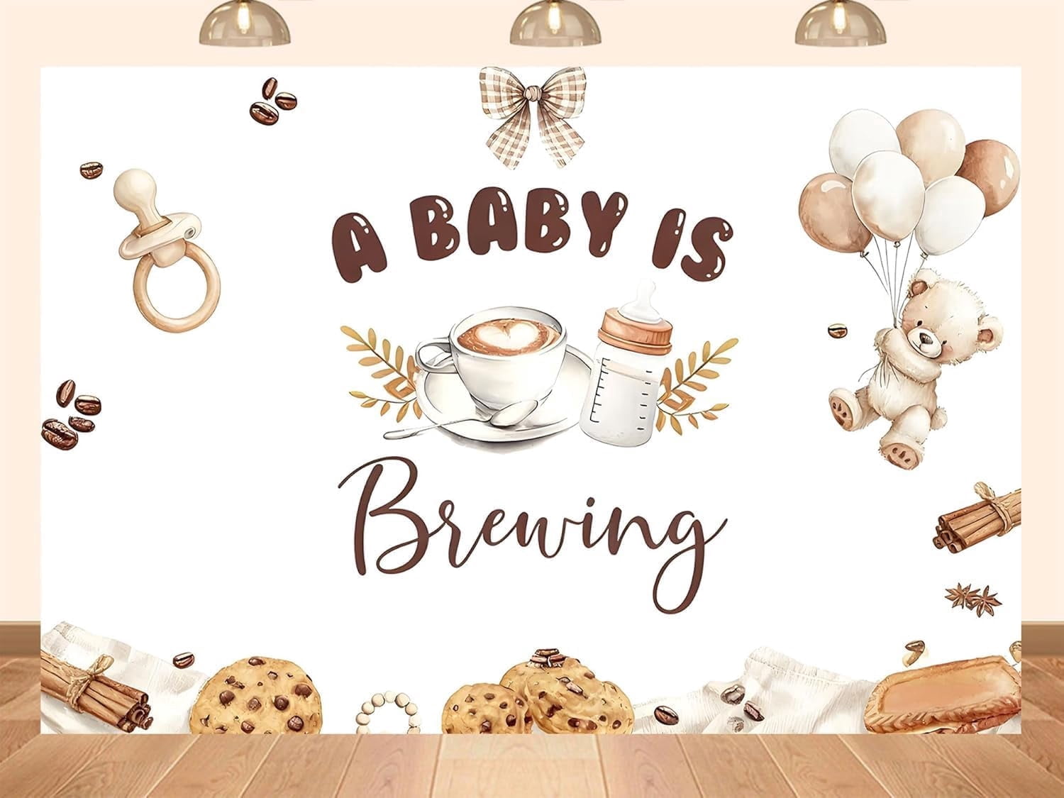 A Baby is Brewing Backdrop Coffee and Cookies Bear Baby Shower ...