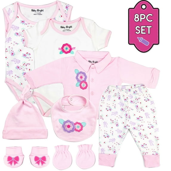 Baby Bright Newborn Baby Girl Clothes Essentials Shower Gift Set - 8 Pieces, 0-3 Months