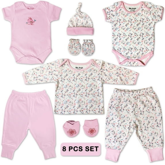 Baby Bright Newborn Essentials Must Have Clothes for Baby Girl, Outfit Gifts for Infant, Baby Shower Gift, 8-Pieces, Size 0-3 Months
