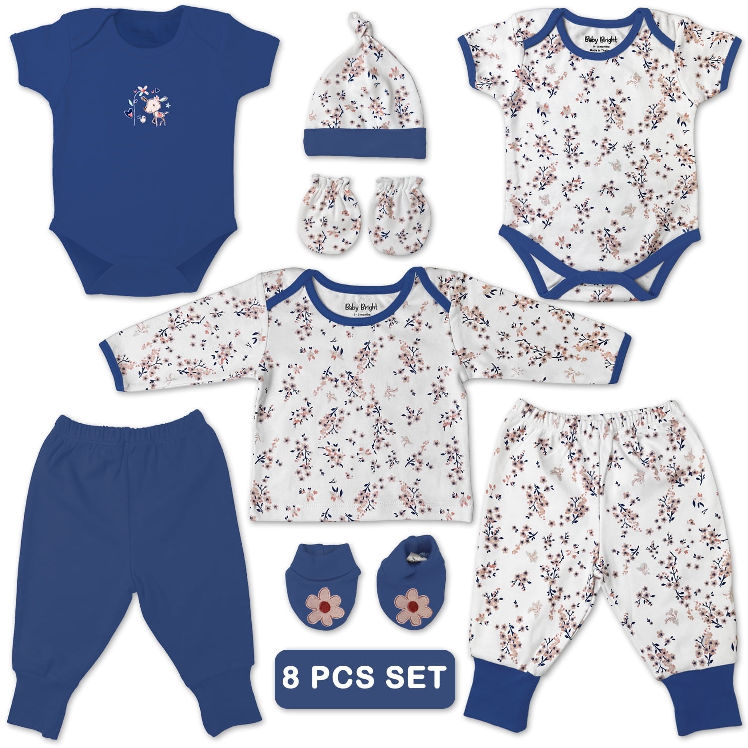 Baby Bright Newborn Essentials Must Have Clothes for Baby Girl, Outfit Gifts for Infant, Baby Shower Gift, 8-Pieces, Size 0-3 Months
