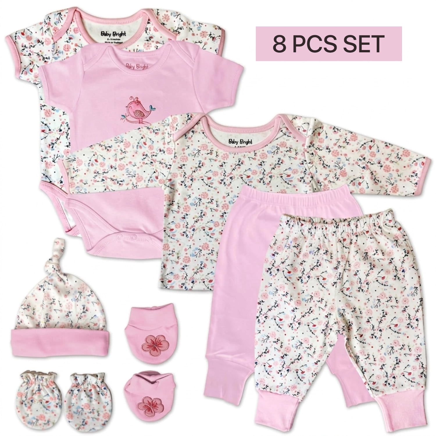 Baby Bright Newborn Essentials Must Have Clothes for Baby Girl, Outfit Gifts for Infant, Baby Shower Gift, 8-Pieces, Size 0-3 Months