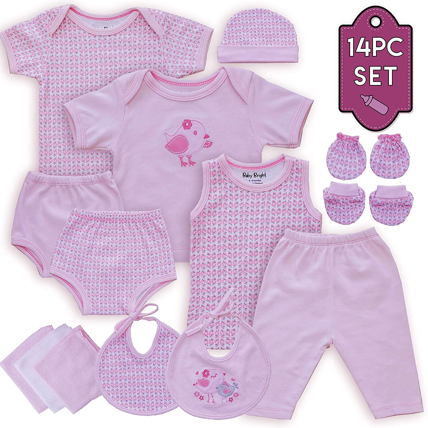 Baby Bright Newborn Essentials Baby Girl Outfits – 14pcs Baby Gift Set 0-3 Months, Newborn Baby Essentials, Baby Shower Gifts, Baby Mittens, Soft Baby Washcloths