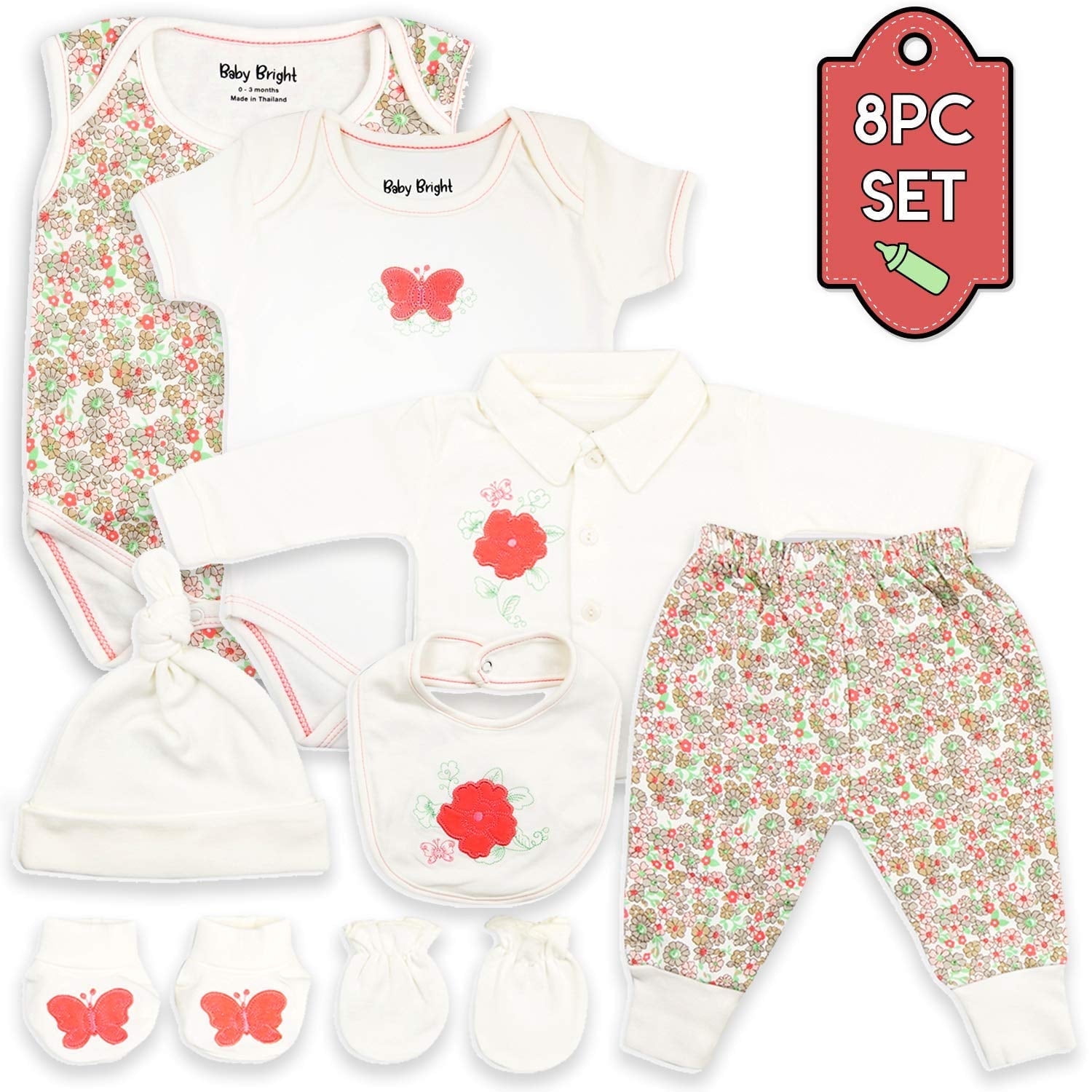 Baby Bright Newborn Essentials Must Have Clothes for Baby Girl, Outfit Gifts for Infant, Baby Shower Gift, 8-Pieces, Size 0-3 Months