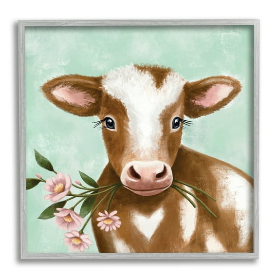 Baby Brown Cow Soft Eyes Pink Daisy Florals Animals & Insects Framed Art Print Wall Art, 17x17