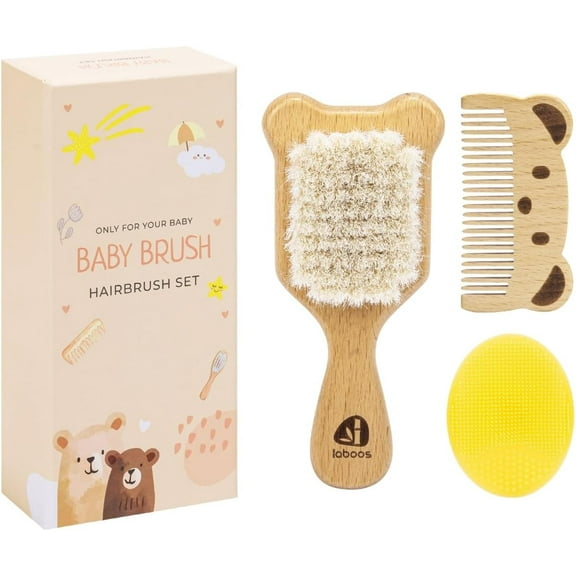 Baby Brush and Comb Set for Newborns and Toddlers - Wooden handle and natural soft goat bristles, Gentle cradle cap care, Baby massage and scalp brush, Ideal baby gift, Beech wood with cute bear