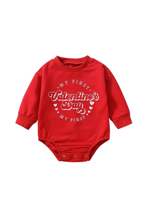 Baby Bubble Romper Valentine's Day Letter Print Long Sleeve Romper Bodysuit Crewneck One Piece for Boy Red 0 Months-6 Months