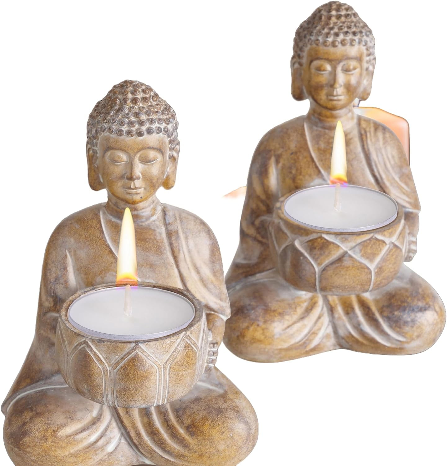 Tan and White Patina Buddha Tea Light Holders, Set of 2, Resin