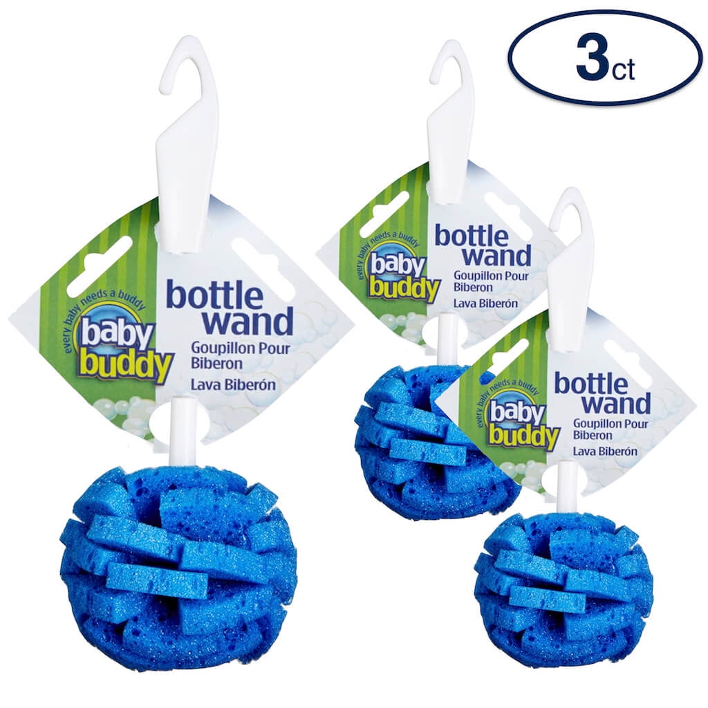 Baby Buddy Bottle Wand, 360 Degree Sponge Head Cleaning Baby Bottle Brush -  Blue, 3 Count 