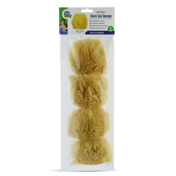Baby Buddy Infant Bath Sponge 4in, Soft Grass Sea Sponge for Tender Baby Skin, Biodegradable, 4pk