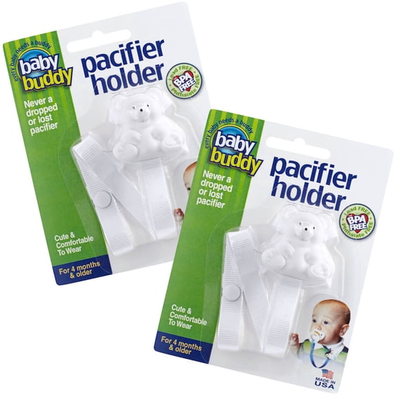 Baby Buddy Infant Pacifier Holder Clip, Cute Bear Clips to Shirt, Snaps to Paci, Toys, White, 2pk