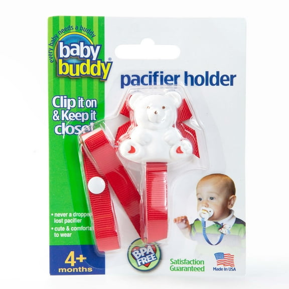 Baby Buddy Infant Pacifier Holder Clip, Cute Bear Design, Snaps to Paci, Teether, Toy, Red, 1 Pack