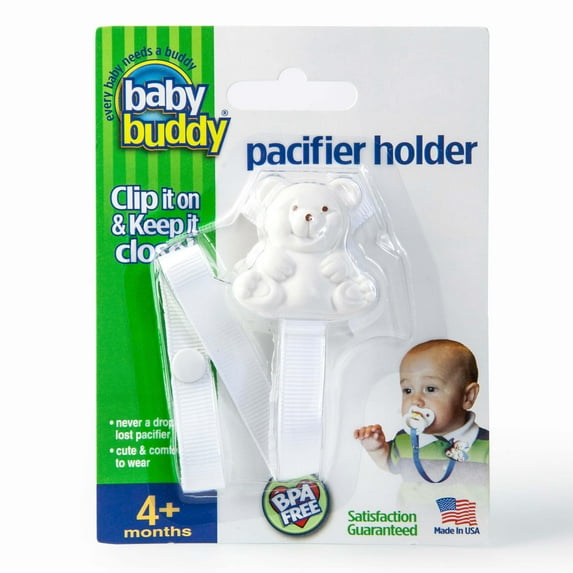 Baby Buddy Infant Pacifier Holder Clip, Cute Bear Design, Snaps to Paci, Teether, or Toys, White 1pk