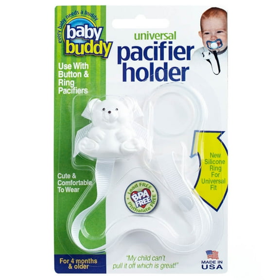 Baby Buddy Infant Pacifier Holder Clip with Universal Fit Silicone Ring, 4+ Months, White, 1 Pack