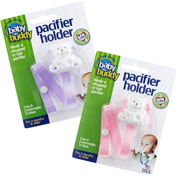 Baby Buddy Pacifier Holder Clip- Cute Fashionable Bear Clip on Babys Shirt, Snaps to Paci, Teether, Lilac-Lt Pink, 2Pack