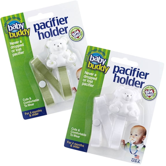 Baby Buddy Pacifier Holder Clip- Cute Fashionable Bear Clips onto Babys Shirt, Snaps to Paci, Teether, Sage-White, 2Pack