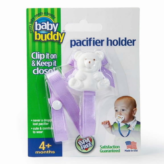 Baby Buddy Pacifier Holder Clip- Cute Fashionable Bear Clips onto Babys Shirt, Snaps to Paci, Teether, Toys, Lilac, 1pk