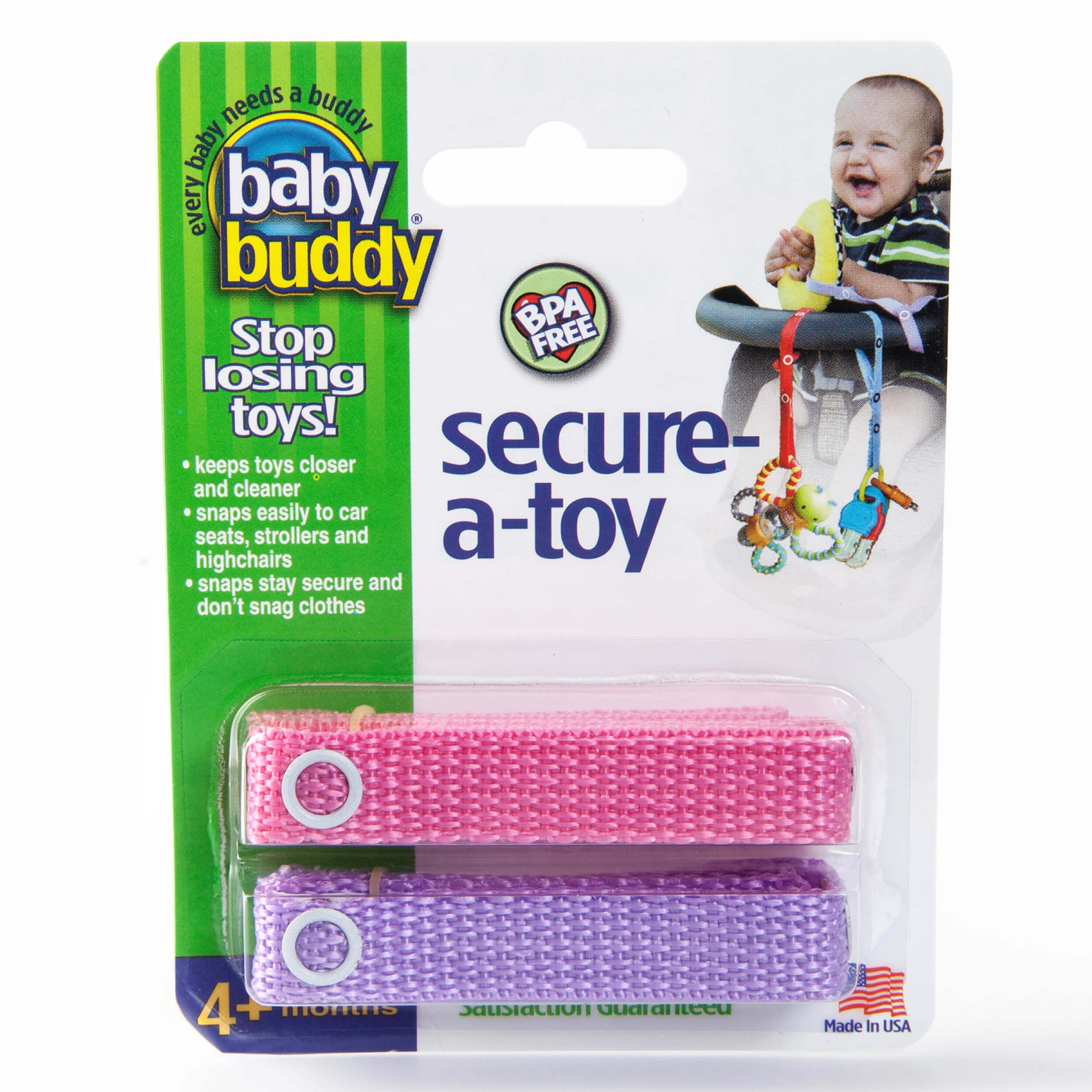 Baby Buddy Secure-A-Toy, Safety Strap Secures Toys, Teether, or Pacifier to Stroller, Highchair, Car Seat, Black-Olive