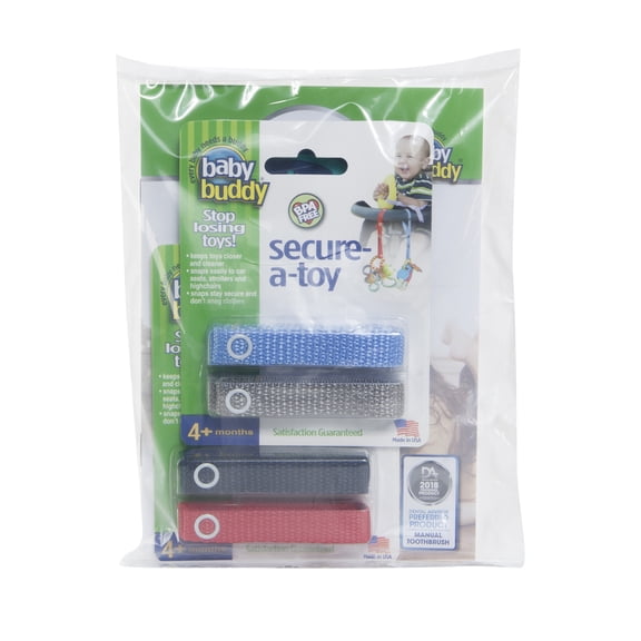 Baby Buddy Secure-A-Toy Secures Toys, Teether, or Pacifier to Stroller, Highchair, Car Seat, Navy-Red-Blue-Gray 4pk