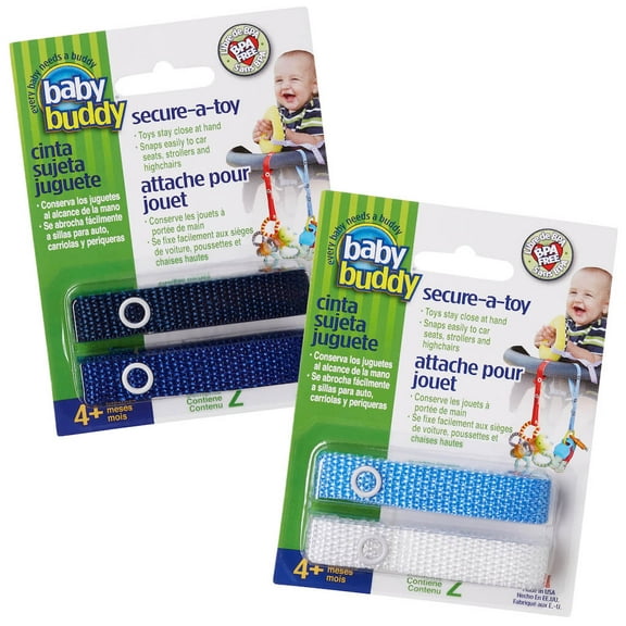 Baby Buddy Secure-A-Toy Secures Toys, Teether, or Pacifier to Stroller, Highchair, Car Seat, Navy-Royal-Blue-White 4pk