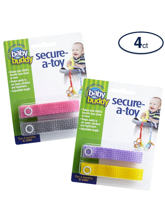 Baby Buddy Secure-A-Toy Secures Toys, Teether, or Pacifier to Stroller, Highchair, Car Seat, Pink-Gray-Lilac-Yellow 4pk