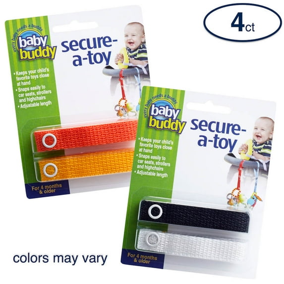 Baby Buddy Secure-a-Toy for Toddlers, Secures Toys, Teether to Stroller, Unisex Colors, 4 Count