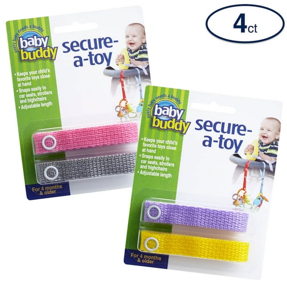 Baby Buddy Secure-A-Toy for Toddler Secures Toys, Teether, or Pacifier Pink-Gray-Lilac-Yellow 4pk