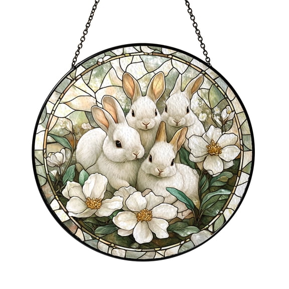 Baby Bunny Floral Stained Glass Suncatcher, Spring Window Art Hanging Panel, Nature Inspired Home Decor Accent Gift