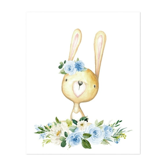 Baby Bunny, Forest Animals, Woodland Animals, Boho, Blue Flowers, Boy Nursery - Illustration Watercolor Floral Animal Whimsical Garden Botanical Unframed Wall Art Print 8 x 10 inches