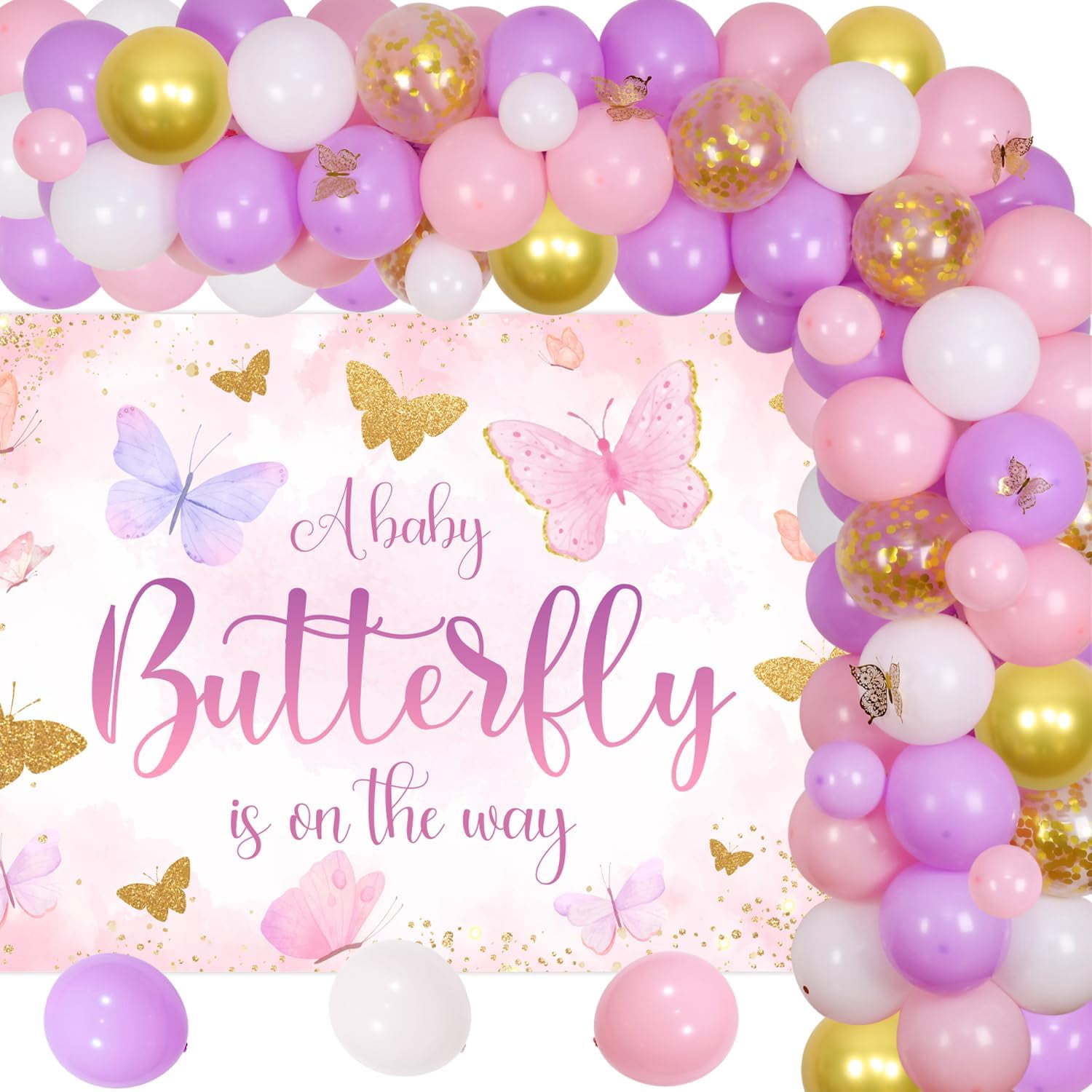 A Baby Butterfly Is On The Way Baby Shower Decorations Purple Gold Balloon Garland Arch Kit Glitter Butterfly Backdrop Golden Butterfly Wall Stickers for Girls Baby Shower Gender Reveal Decor Supplies
