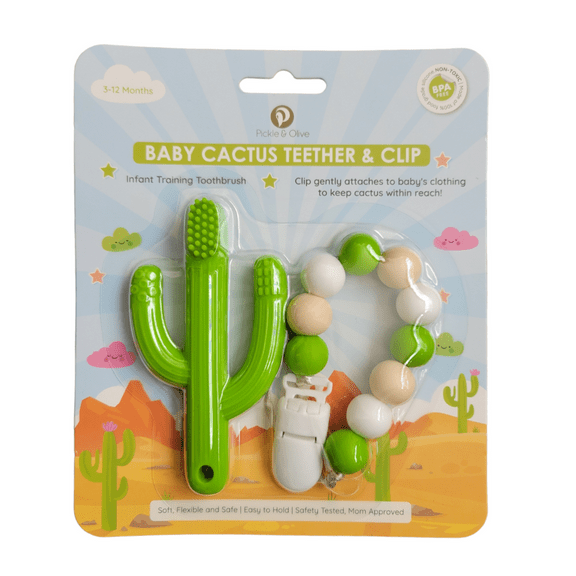 Baby Cactus Teether Toy, Infant Teething Toothbrush, with Matching Pacifier Clip by Pickle & Olive, Green