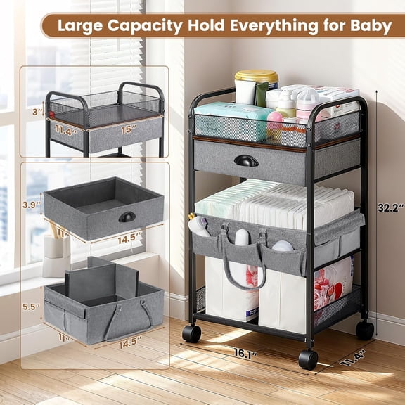 Baby Caddy Cart Organizer, 4 Tier Baby Rolling Storage Cart with Drawer, Easy To Assemble, Detachable Infant Nursery Storage with Wheels for Bedroom, Changing Table & Crib, Gray