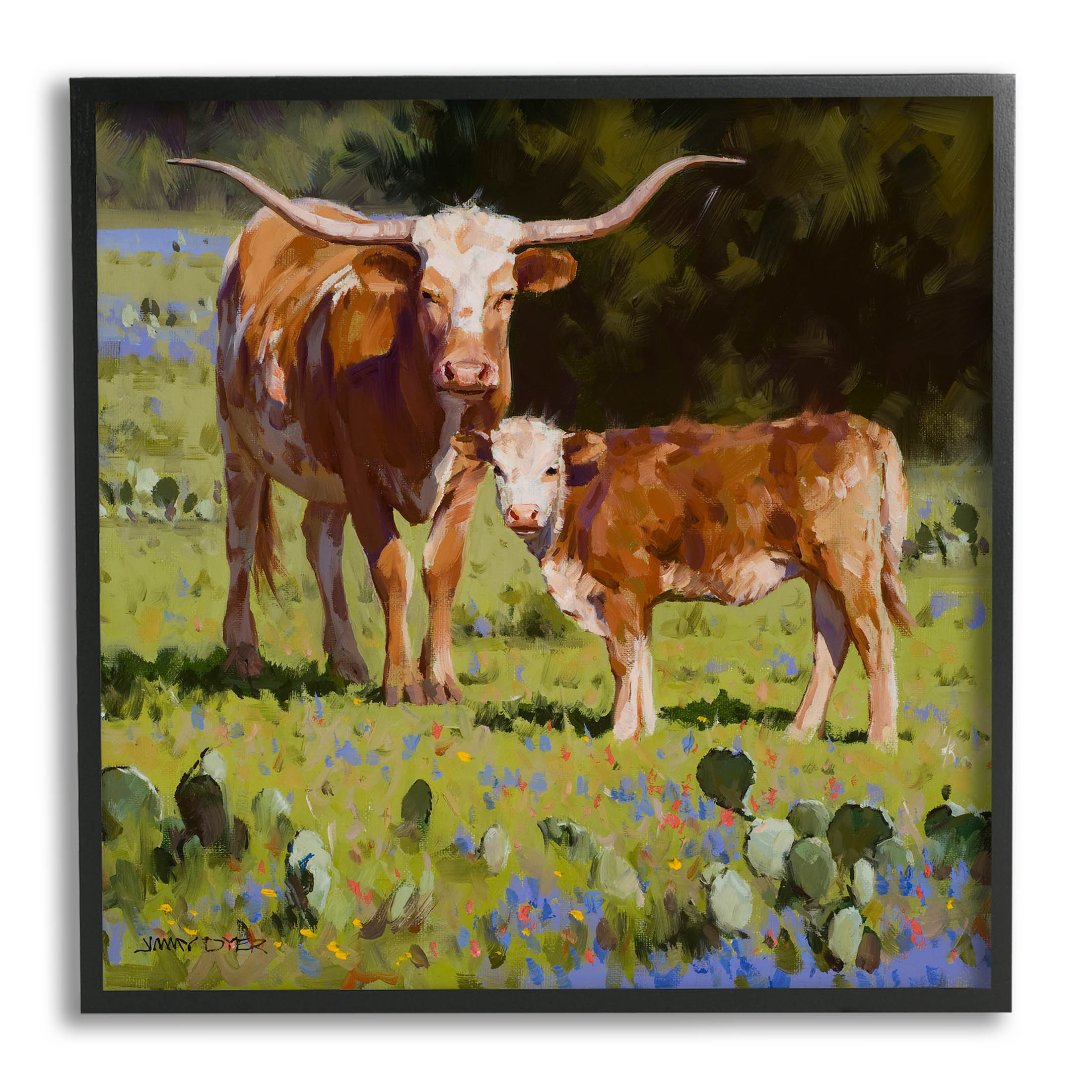 Baby Calf Longhorn Cattle Scene Animals & Insects Painting Black Framed Art Print Wall Art