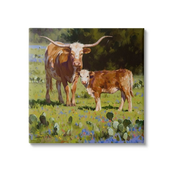 Baby Calf Longhorn Cattle Scene Animals & Insects Painting Gallery Wrapped Canvas Print Wall Art