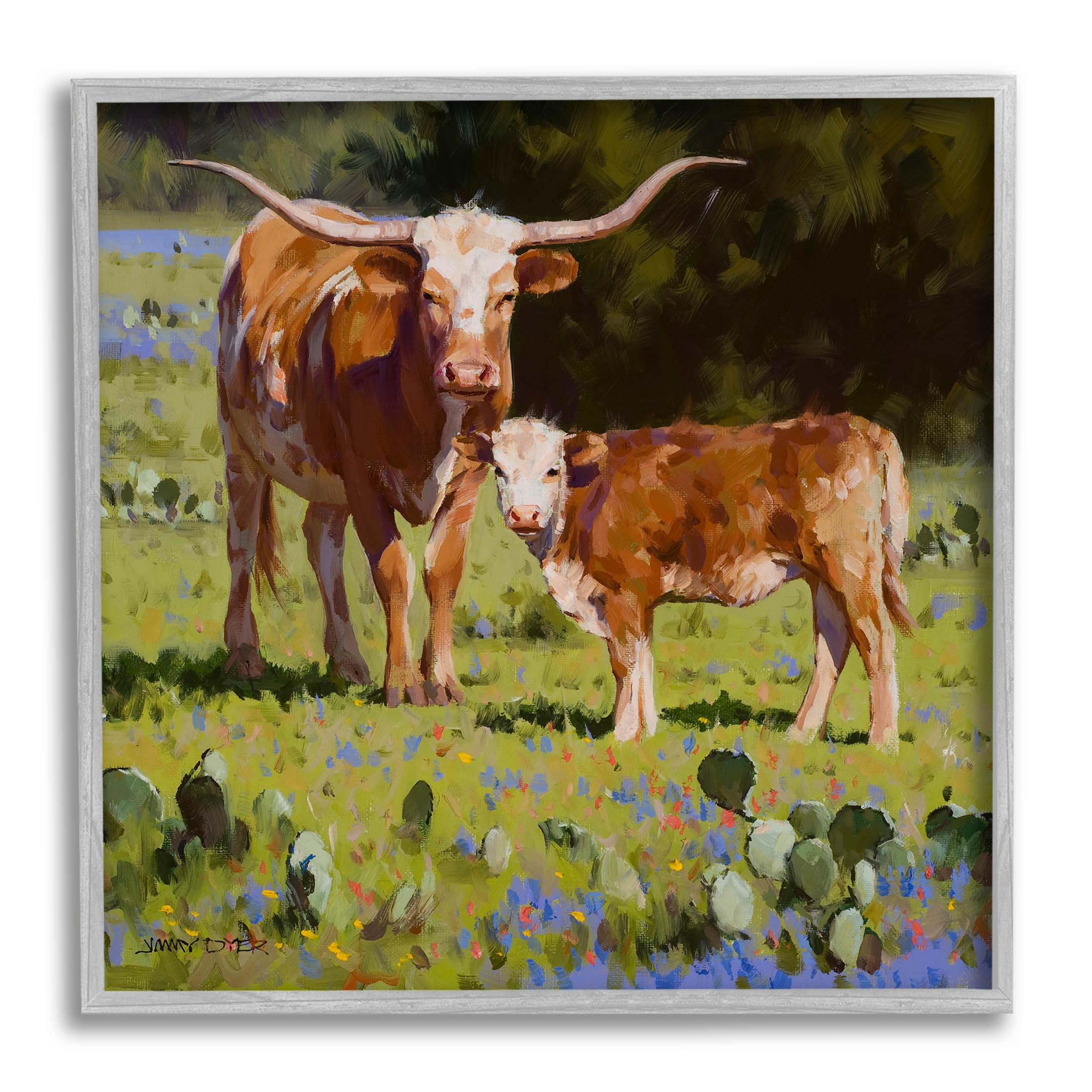 Baby Calf Longhorn Cattle Scene Animals & Insects Painting Gray Framed Art Print Wall Art