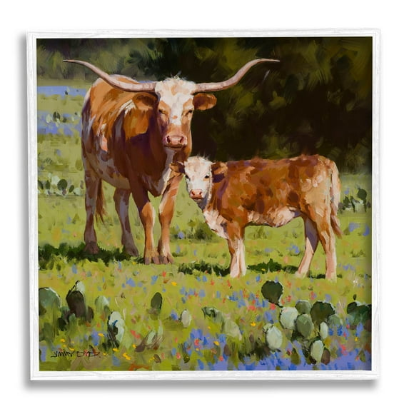 Baby Calf Longhorn Cattle Scene Animals & Insects Painting White Framed Art Print Wall Art