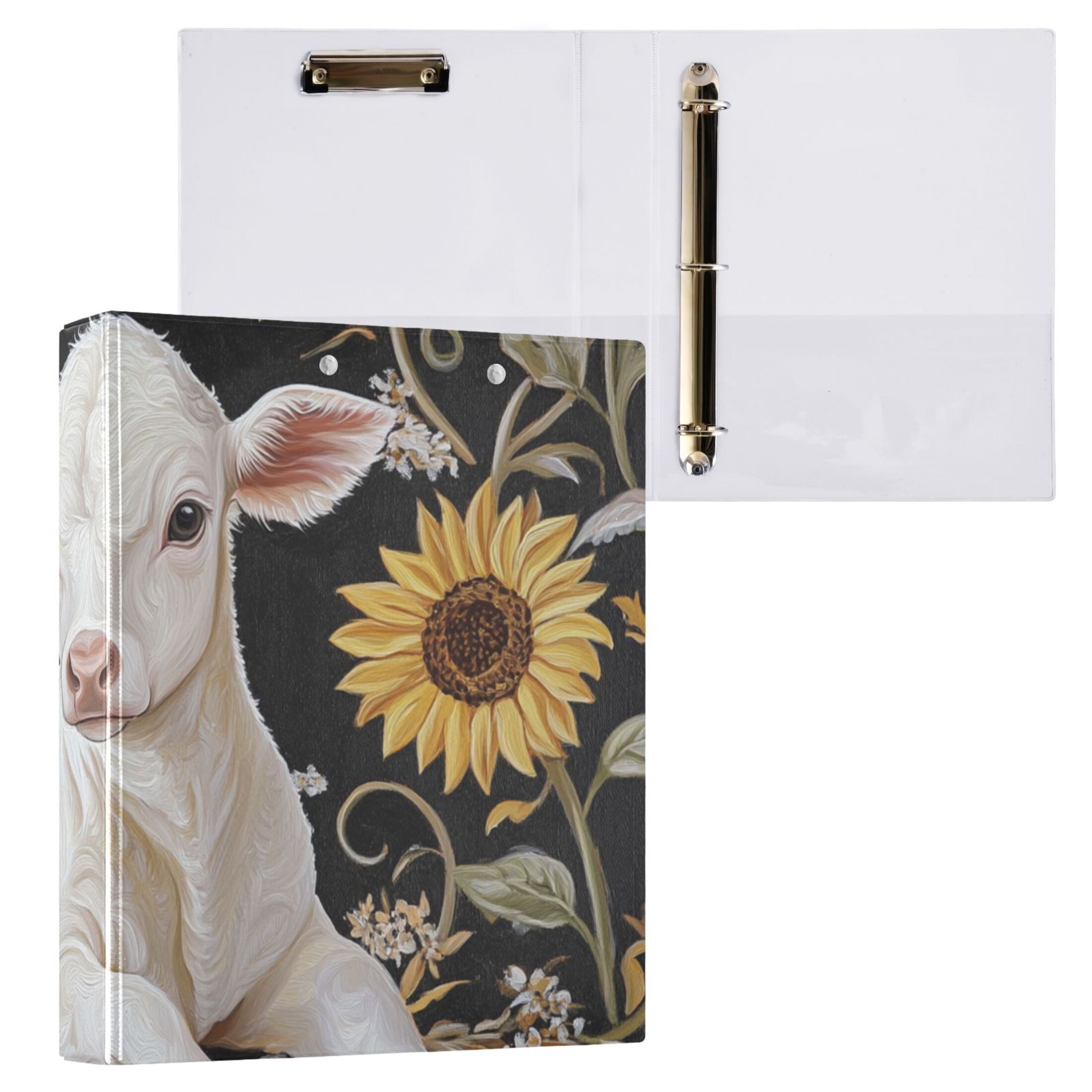 Baby Calf and Sunflowers 3 Ring Binders 1.5 inch Hardcover File Folders with Interior Pockets A4 Size Organizer for School Office Hospital