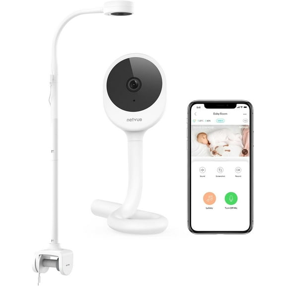 Baby Camera with Wireless Audio, Adjustable Crib Mount Monitor, Works via 2.4GHz Wi-Fi for Wide Coverage & Stable Connection, Smart App, Two-Way Talk (White)