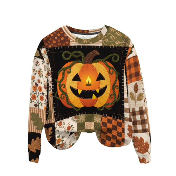 Women Fall Patchwork Pumpkin Print Crewneck Sweatshirt Autumn Maple Leaf Long Sleeve Shirt Cozy Pullover