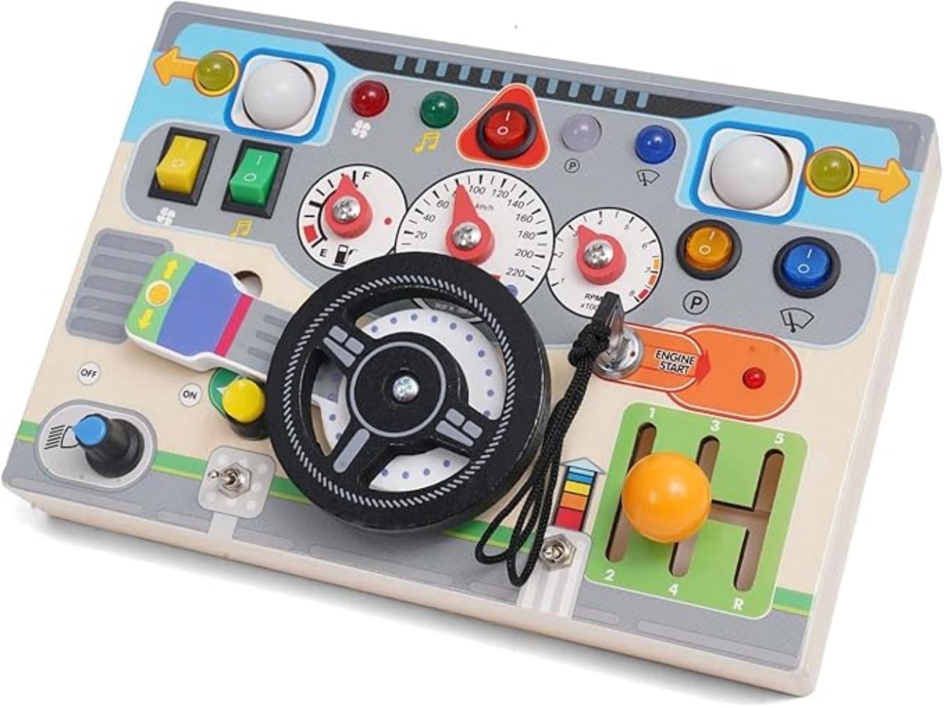 Gijjgole Montessori Busy Board - Multisensory Toy with Steering Wheel, Buttons, Zippers & Pop Silicone for Toddlers, Develops Fine Motor Skills, Travel Toy for Ages 18 Months and Up