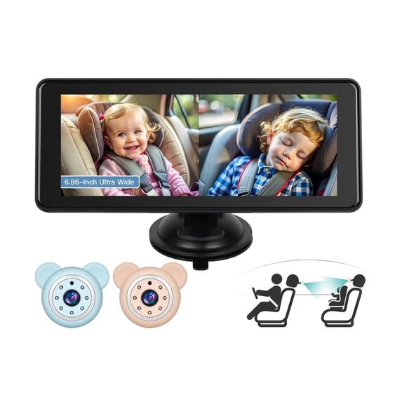 Baby Car Camera for 2 Kids - 6.9-Inch Monitor Easy Setup 360° Rotatable Double HD 1080P Clear Night Vision Car Seat Camera Rear Facing for Twins or Siblings, Safety & Convenience