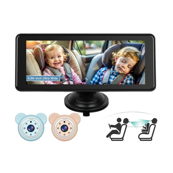 Baby Car Camera for 2 Kids - 6.9-Inch Monitor Easy Setup 360 Rotatable Double HD 1080P Clear Night Vision Car Seat Camera Rear Facing for Twins or Siblings, Safety & Convenience