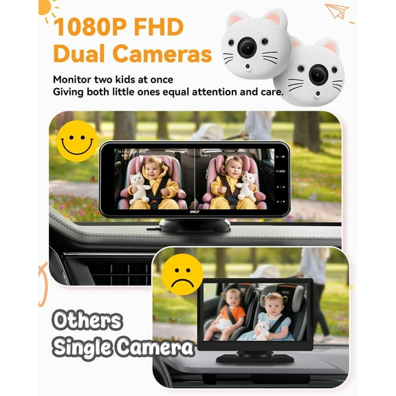 Baby Car Camera for 2 Kids – 7.2” IPS Split-Screen Monitor with Dual 1080P HD Rear-Facing Car Seat Cameras, Cute Replaceable Cat Covers, Night Vision, Type-C Power, Easy Install for Twins or Siblings